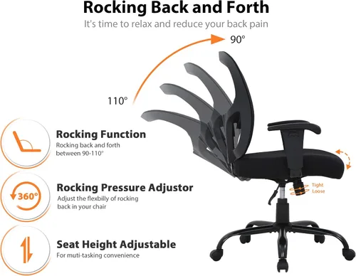 Miniatura 6 de Silla de oficina ergonómica de malla grande y alta, capacidad de 400 libras, asiento grueso, soporte lumbar, reposabrazos ajustables, color negro
