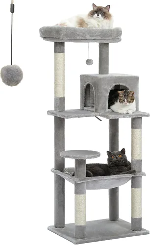 Miniatura 30 de PETEPELA Árbol de Madera para Gatos de Interior Torre de Múltiples Niveles con Postes Rascadores Cubiertos de Sisal, Condominio Acogedor, Hamaca