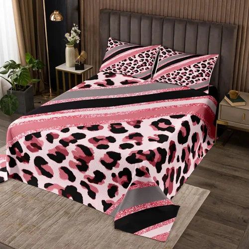 Miniatura 20 de Juego de colcha con lazo para niños, tamaño individual, diseño de cebra y leopardo con purpurina, decoración de habitación para niñas y mujeres