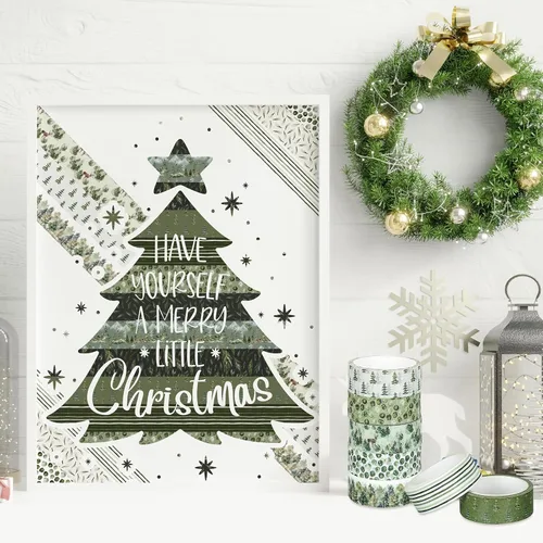 Miniatura 6 de Whaline 12 Rollos Cinta Washi Bosque Verde Acuarela Vegetación Navideña Cinta de Enmascarar Patrón de Plantas de Árboles Verdes del Bosque Cinta