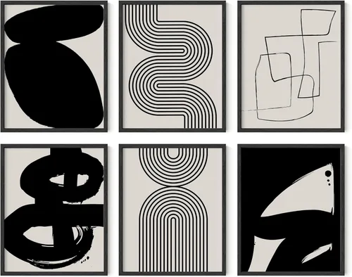 Miniatura 11 de HAUS AND HUES Arte abstracto negro para pared, juego de 6 impresiones artísticas modernas de líneas negras y grises, arte abstracto geométrico Juego