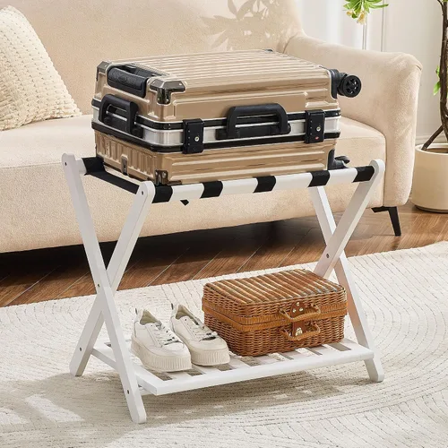 Miniatura 20 de oakvivo Portaequipajes negro totalmente montado para habitación de invitados, soporte plegable de bambú para maleta con 5 correas de nailon, soporte