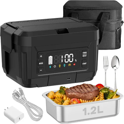 Miniatura 10 de Fiambrera eléctrica inalámbrica para adultos – Fiambrera autocalentable de acero inoxidable de 1.2L con baterías recargables extraíbles dobles