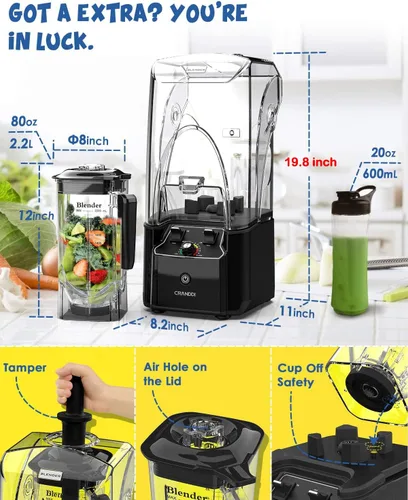 Miniatura 5 de CRANDDI Licuadora comercial silenciosa con escudo insonorizado, licuadoras profesionales de 2200 vatios para cocina con tarro de 80 onzas y Negro