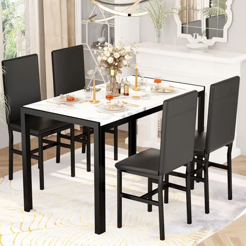 Miniatura 7 de Hooseng Juego de mesa de comedor de 5 piezas para 4 personas con parte superior de mármol sintético y sillas de terciopelo, juego de mesa de cocina