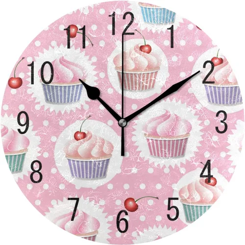 ALAZA Decoración para el Hogar Reloj de Pared Redondo de Acrílico con Cupcake Colorido de 9,5 Pulgadas, con Puntos Polacos, Silencioso, sin Tictac,