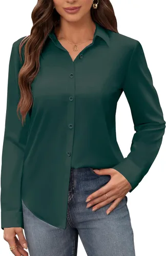 Miniatura 17 de Siliteelon - Camisas de vestir para mujer, a prueba de manchas, sin arrugas, de manga larga, sólidas, para trabajo y negocios, con botones
