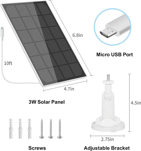 Miniatura 3 de GMK Panel solar de 3 W para cámara de seguridad, puerto USB-A de 5 V con cable de carga de 10 pies, compatible con cámara recargable con batería