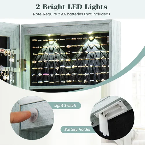 Miniatura 31 de Giantex Armario de joyería para puerta de pared con espejo de longitud completa, 2 LED con cerradura grande organizador de joyas con espejo ancho