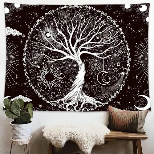 Miniatura 3 de Wonrizon Tapiz del árbol de la vida, tapiz espacial de galaxia en blanco y negro, decoración estética psicodélica para colgar en la pared para sala