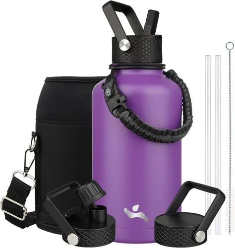 Miniatura 102 de Konokyo - Botella de agua aislada de 18 onzas, botellas deportivas de acero inoxidable con 3 tapas, verde militar