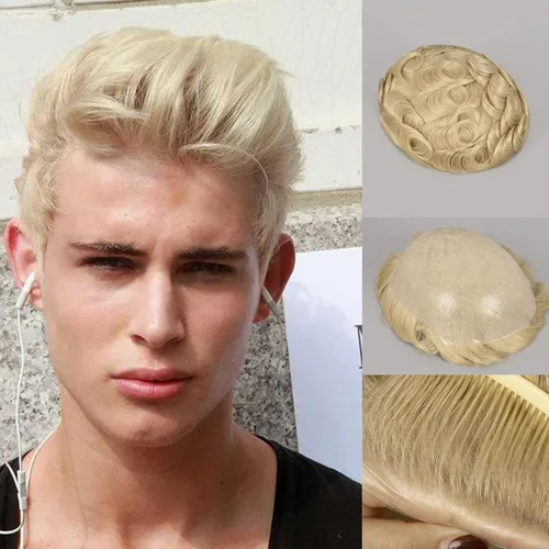 Toupee para hombres 100% cabello humano real para hombre, piezas de cabello de 0.002 in, bucle en V, suave, súper delgado, con sistema de reemplazo