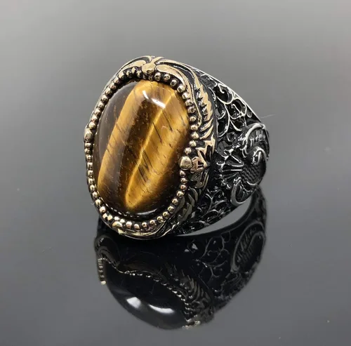 Miniatura 5 de KAR Anillo de ojo de tigre natural para hombre de plata de ley 925K estampado I1B