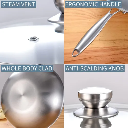 Miniatura 7 de LOLYKITCH Wok pequeño de acero inoxidable de 11 pulgadas con tapa, sartén de tres capas, wok de cocina sin recubrimiento para inducción y vidrio
