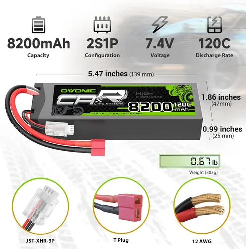 Miniatura 2 de OVONIC 2S Lipo Batería 7.4V 8200mAh 120C Lipo con conector T (paquete de 2)
