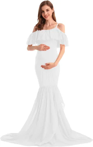 Miniatura 37 de MYRISAM Vestido de maternidad con volantes y hombros descubiertos para mujer, vestido de fiesta de sirena de gasa, vestido ajustado
