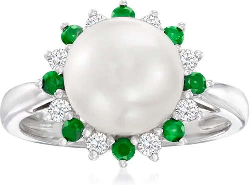 Ross-Simons Anillo de halo de perlas cultivadas de 0.354-0.374in con zafiros blancos de 0.40 quilates y esmeraldas de 0.30 quilates en plata de ley