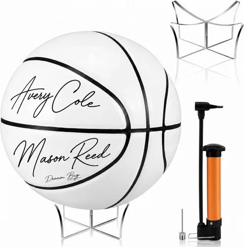 Miniatura 9 de Hiboom Balón de baloncesto con soporte de bola acrílica, panel en blanco para firma, bola oficial para escuela, universidad, entrenador, graduación