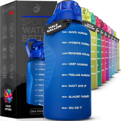 Botella de agua motivacional, 64 oz/2.2L, botella de agua frasco con marcador de tiempo por hora, a prueba de fugas, botella sin BPA con pajilla,