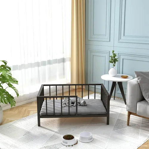 Miniatura 7 de OSCHF Cama para perros con rieles, marco de cama elevado de metal para mascotas con tablero de madera maciza y tapete suave lavable para perros Negro