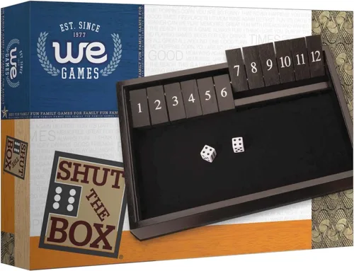 Miniatura 7 de WE Games: juego de mesa de madera "Shut The Box" - Juego de pub para cerrar la caja con 12 fichas de números y 2 juegos de dados - Acabado negro