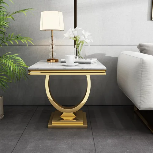 Miniatura 2 de Mesa auxiliar moderna de mármol sintético, mesa auxiliar de mármol sintético con marco geométrico, mesa central rectangular de mármol, mesa de té