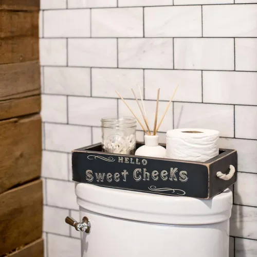 Miniatura 7 de MAINEVENT - Caja de decoración de baño con frase "Hello Sweet Cheeks", una caja con diseño en 2 lados, organizador de baño de estilo granja Blanco