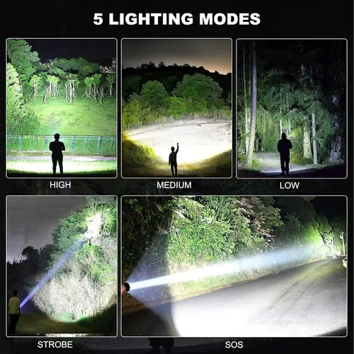 Miniatura 5 de Paquete de 3 linternas LED recargables de alto lumen, linterna súper brillante de 90,000LM, linterna potente ajustable de 5 modos con cable USB