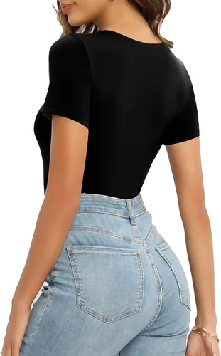 Miniatura 4 de MANGOPOP Women's Double Layered Short Sleeve Long Sleeve Bodysuit Basic T Shirts Tops