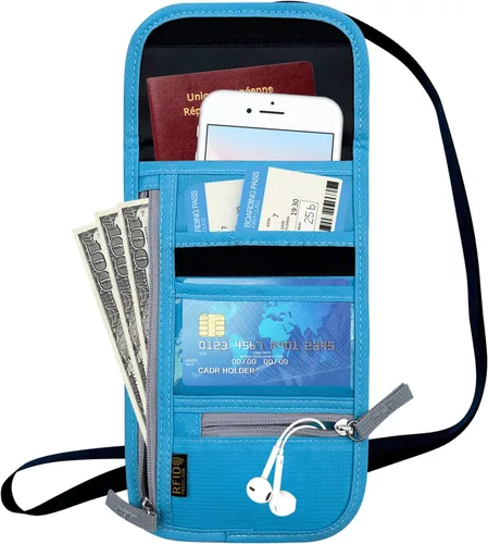 Miniatura 5 de Cartera de viaje para el cuello, soporte con bloqueo RFID para pasaporte con correa ajustable para hombres y mujeres para mantener efectivo