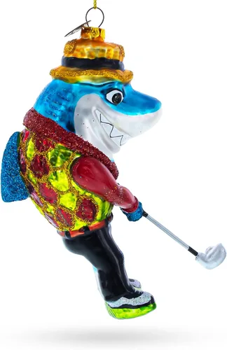 Miniatura 2 de Adorno navideño de vidrio soplado de tiburón jugando golf