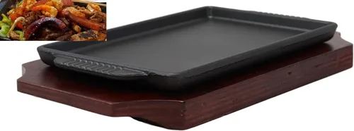 Ebros - Sartén de hierro fundido de tamaño personal para fajita, plato de carne japonesa con base de madera para restaurante, hogar, cocina