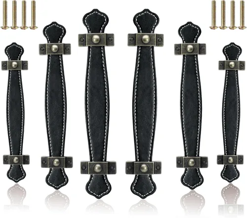 Luomorgo 6 tiradores de cuero para cajones de cómoda, tiradores de cuero negro de 7.6 pulgadas, manija de puerta de cuero vintage de repuesto para
