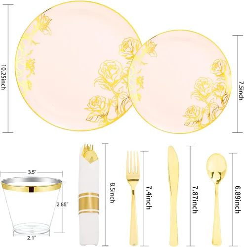 Miniatura 8 de DaYammi Juego de 210 platos de plástico rosa, juego de vajilla desechable floral dorado rosa, 30 platos llanos, 30 platos de ensalada, 30
