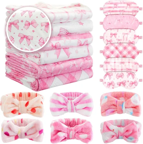 Miniatura 18 de Fanfanwin 18 piezas de suministros de fiesta de pijamas para niñas, 6 estilos lindos degradados, 6 diademas de forro polar coral para spa, 6
