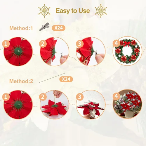Miniatura 6 de 24 piezas de flores de Pascua doradas de 6 pulgadas para decoraciones de árbol de Navidad - Flores artificiales para adornos de árbol de Navidad