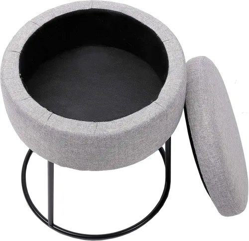 Miniatura 7 de BIRDROCK HOME Taburete otomano de almacenamiento de lino gris con base de patas de metal negro, reposapiés acolchado suave y compacto, reposapiés