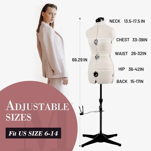 Miniatura 3 de Formas de Vestido para Costura, Maniquí Femenino Beige Talla Ajustable 6-14, Cuerpo de Modelo Pinchable con 13 Diales y Guía de Dobladillo de 360