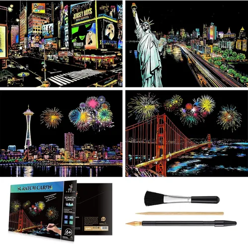 Papel de pintura para rascar arcoíris (A4) para adultos y adolescentes, juego de tableros para rascar con vista nocturna: 4 hojas de tarjetas para