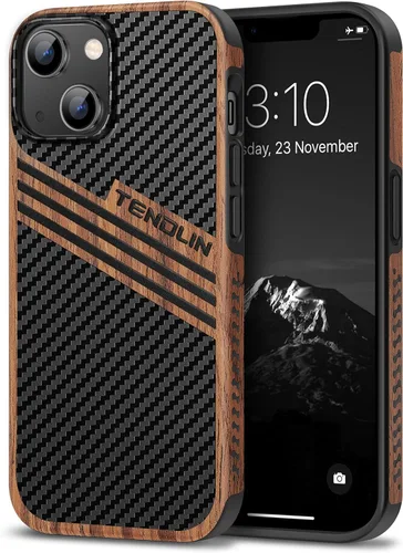 Miniatura 24 de TENDLIN Funda Magnética Compatible con iPhone 14 Plus Funda de Madera con Textura de Fibra de Carbono Diseño Híbrido de Cuero Cubierta Delgada Negro