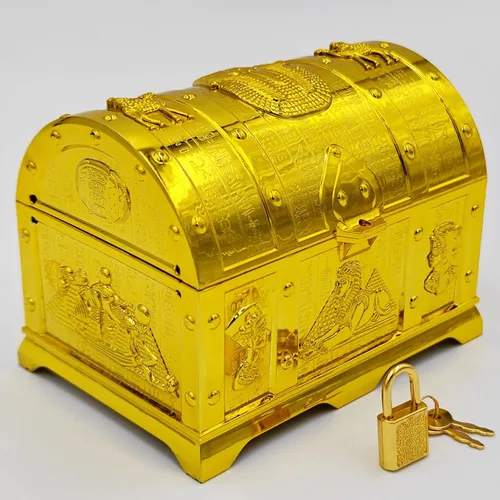 Cofre del tesoro egipcio para niños, caja de tesoro pirata decorativa dorada con cerradura y llave para premios infantiles, fiesta temática,