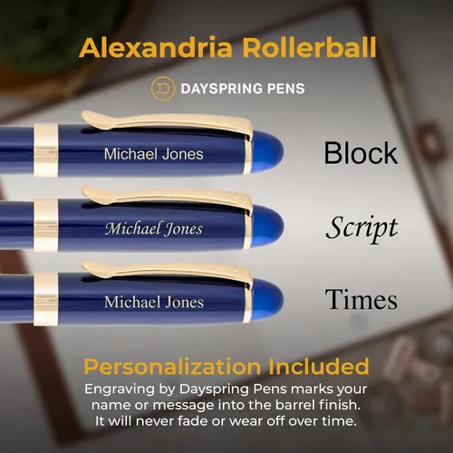 Miniatura 3 de Dayspring Pens Alexandria - Bolígrafo roller, laca azul con borde dorado, grabado personalizado, regalo de graduación, nuevo trabajo, promoción u