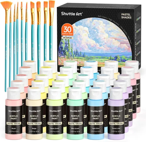 Juego de 40 pinturas acrílicas en pasta Shuttle Art, 30 colores, botellas de 60 ml/2 onzas, alta viscosidad, resistente al agua con 10 pinceles para