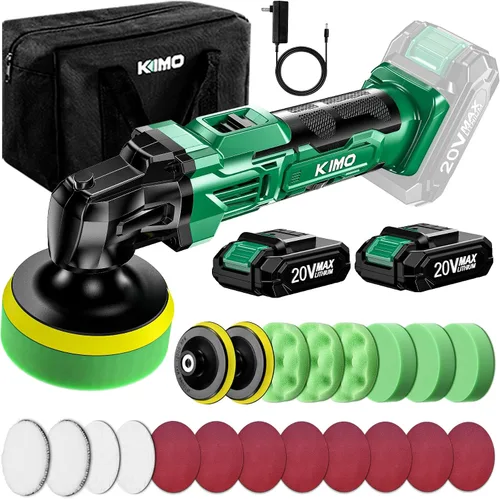 KIMO Kit de Pulidora Inalámbrica para Coche 20V, Kit de Pulido de 25 Piezas, 6 Velocidades hasta 6000RPM / 2*Baterías de 2000mAh Pulidoras