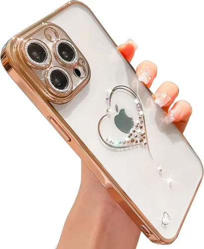 Miniatura 19 de Bling Glitter Heart compatible con iPhone 13 Pro de 6.1 pulgadas, bonito protector de cámara completo brillante para mujer, funda de teléfono Oro