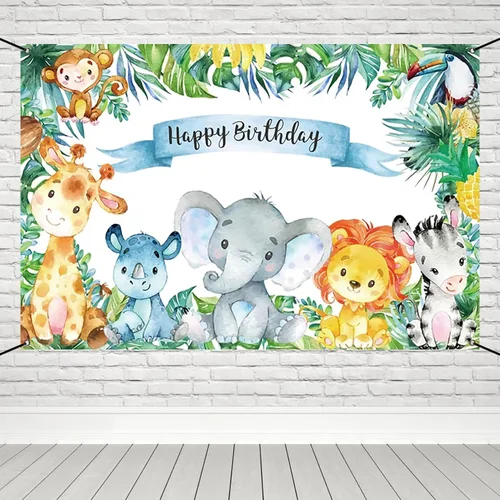 Renaiss Cartel de feliz cumpleaños de 6 x 3.6 pies, decoración de fiesta infantil de animales salvajes de safari, selva tropical, decoración para