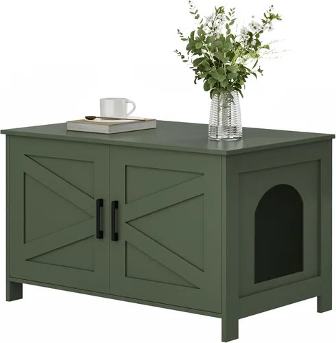 Miniatura 11 de Caja de arena para gatos Homhedy, mueble de baño de madera para gatos con puerta de granero, casa para mascotas, se adapta a la mayoría de las cajas