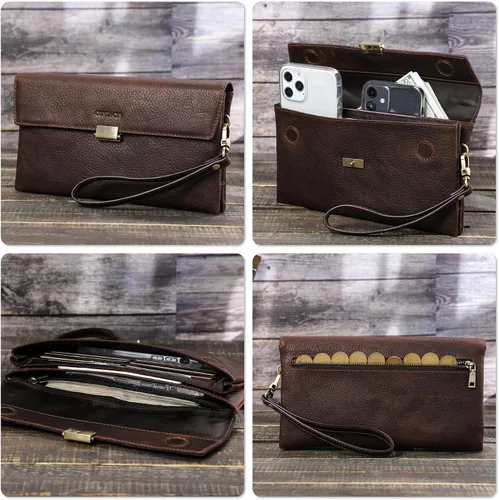 Miniatura 11 de Funda de piel de grano superior para hombre y mujer, múltiples bolsillos/ranuras, RFID de gran capacidad para tarjetas, cheques, dinero, pasaporte