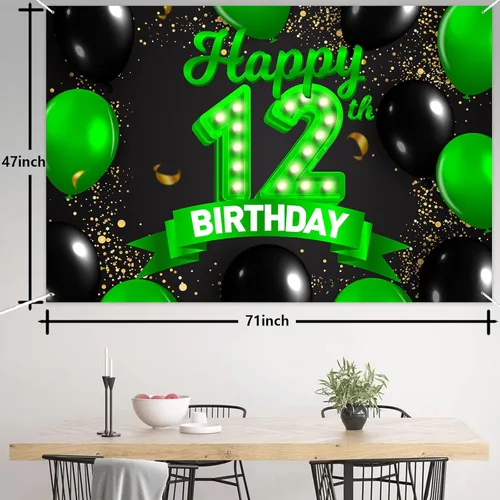 Miniatura 2 de Cartel de feliz cumpleaños número 12, color verde y negro, telón de fondo con texto en inglés "Cheers to 12 years old confeti", globos de confeti