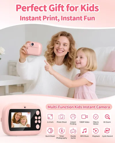 Miniatura 3 de Cámara de impresión instantánea para niños, cámara digital 1080P para niños con tarjeta SD de 32 GB, juguetes para niñas pequeñas, regalos de Rosa